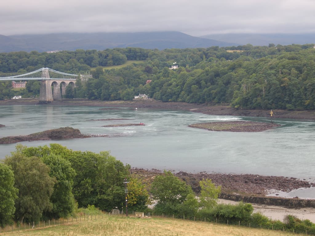 The Britannia Bridge seen from below, rising over the Menai Strait